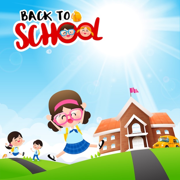 Vector back to school concept student kids cartoon jumping and running