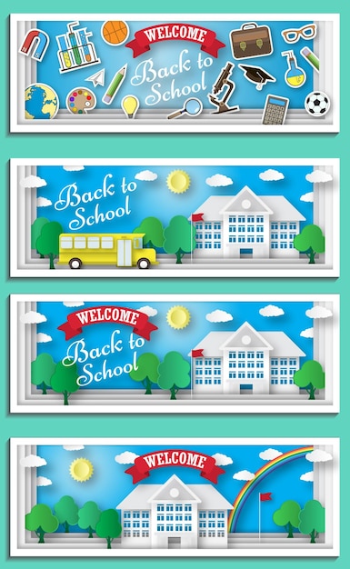 Vector back to school concept vector poster. school bus with building and blackboard on background. city primary and high school. education banner in flat cartoon style.