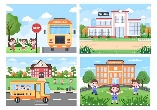 Vector back to school, cute bus and some children are playing in the front yard illustration