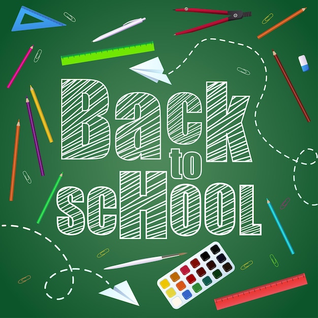 back to school inscription on a green background with stationery vector image