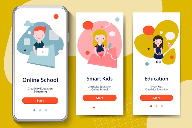 Back to School, Smart Kids, Online Education. Onboarding screens for mobile app templates concept.  