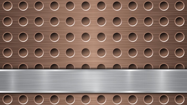 Vector background of bronze perforated metallic surface with holes and horizontal silver polished plate with a metal texture glares and shiny edges