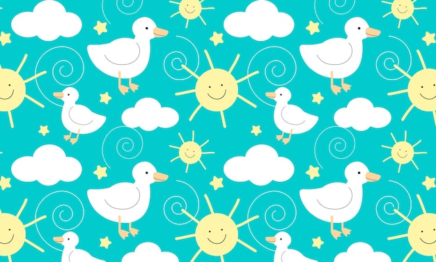 Background of cute ducks with sun and clouds