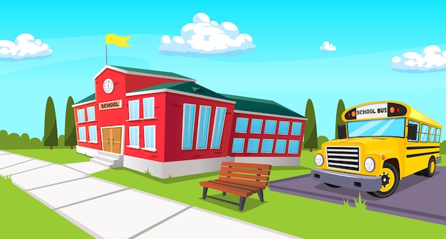 Vector background in the form of a schoolyard which shows the school building parking with a school bus and a bench with a path