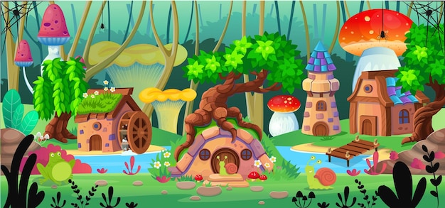 Vector background for games and mobile applications landscape with houses of hobbits and gnomes a river fantasy tower and a house with a water wheel on the island vector cartoon landscape