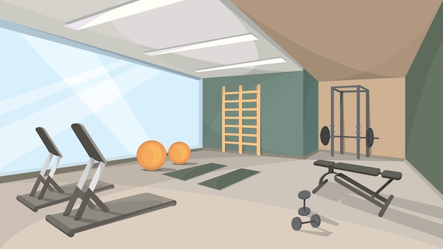 Vector background of gym with big window. sports hall interior.