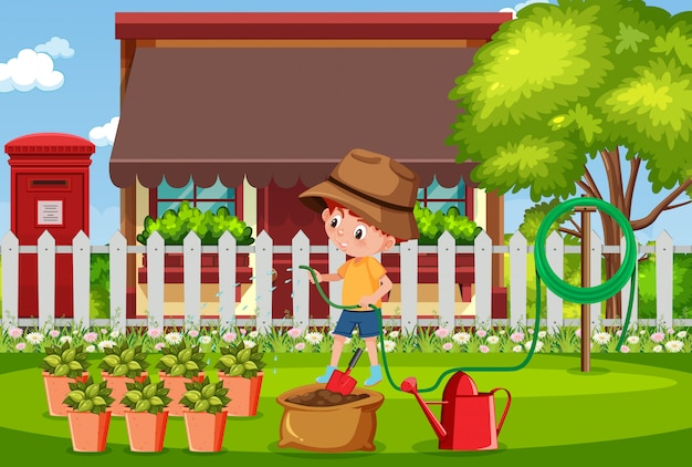 Background scene with boy watering in the park