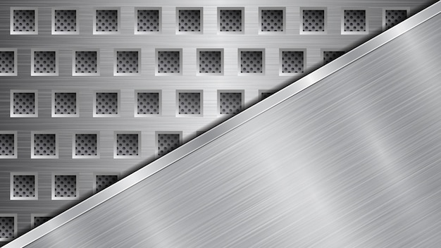 Vector background in silver and gray colors consisting of a perforated metallic surface with holes and one big polished plate located in diagonal with a metal texture glares and shiny edge