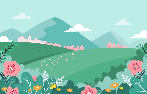 Vector background of spring scenery with field and mountain