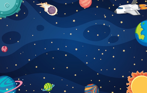 Vector background with spaceship and many planets in space