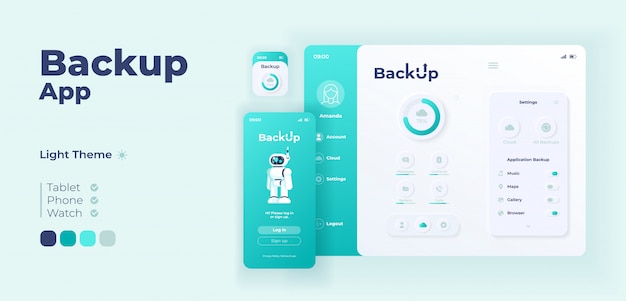 Vector backup app screen adaptive design template. cloud storage application day mode interface with flat characters. personal internet database smartphone, tablet, smart watch cartoon ui