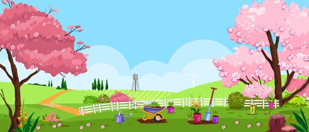 Vector backyard nature landscape with blossom sakura tree, fence, grass and meadow.
