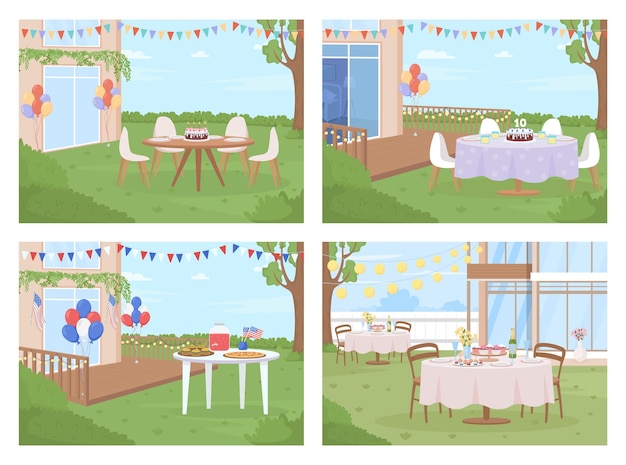 Backyard party arrangement flat color vector illustration set