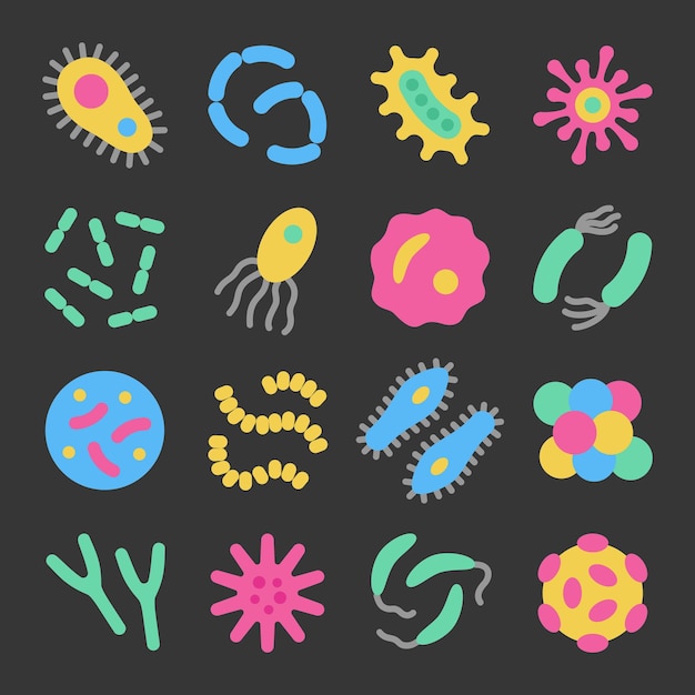 Bacteria microbe virus colorful vector icon set on dark background