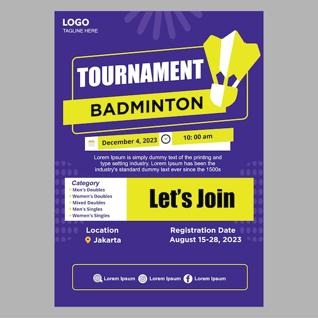 Badminton competition flyer template with purple background