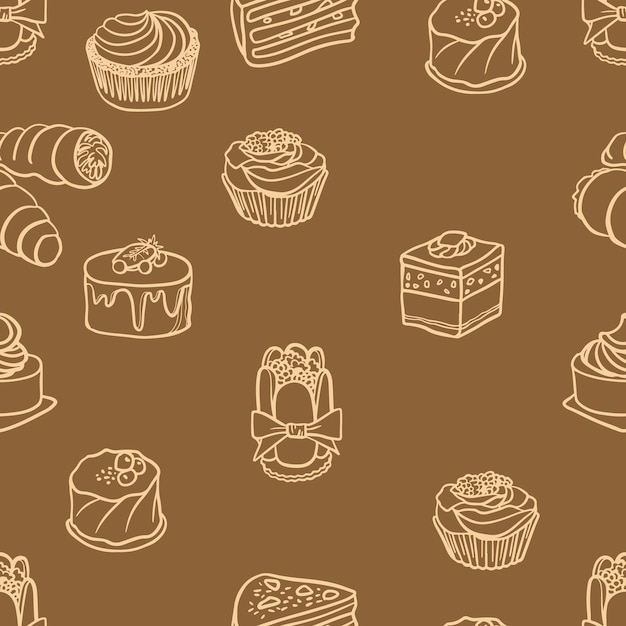 Vector bakery, cakes, dessert, pastries linear pattern. doodle vector.