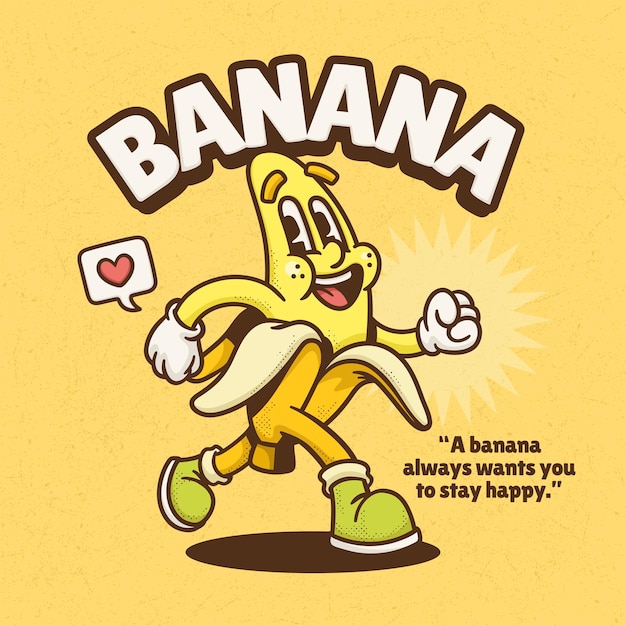 Banana Trendy Retro Cartoon Vector Hand Drawn