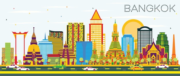 Vector bangkok skyline with color landmarks and blue sky. vector illustration. business travel and tourism concept. image for presentation banner placard and web site.