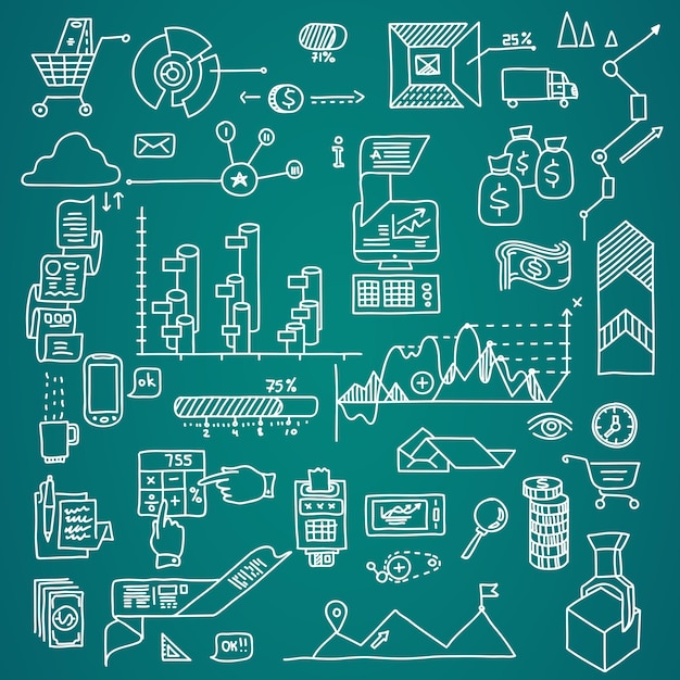 Bank business finance analytics earnings hand draw doodle elements