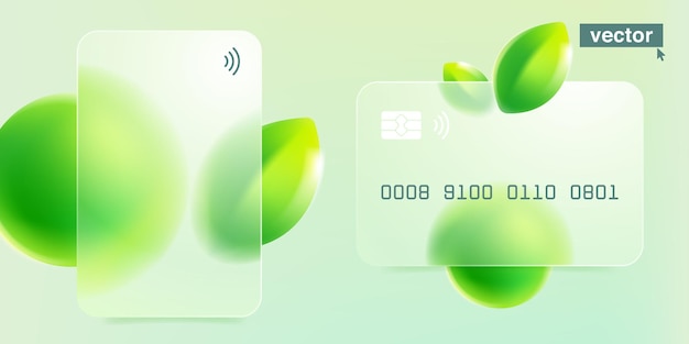 Vector bank card with glassmorphism effect eco friendly template with blurred floating green leaves