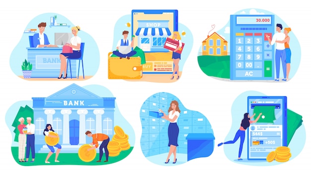 Banking concept, people cartoon characters saving money and shopping online,  illustration