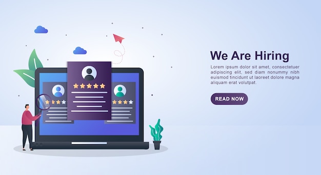 Banner concept of we are hiring with the person currently selecting the candidate on the computer screen.