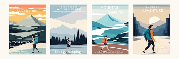 Vector banner set hiker person woman hiking or trekking with backpack walking in mountain forest outdoor