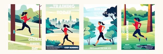 Vector banner set training today cartoon landing page sportswoman outdoor running workout fit girl in