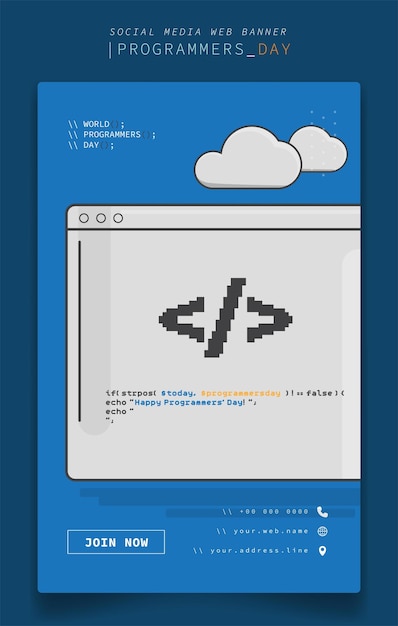 Banner template with developer icon in pixel design with cloud for programmer day design