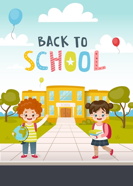 Vector banner with cute kids in front of the school and lettering poster with cartoon pupils back to school