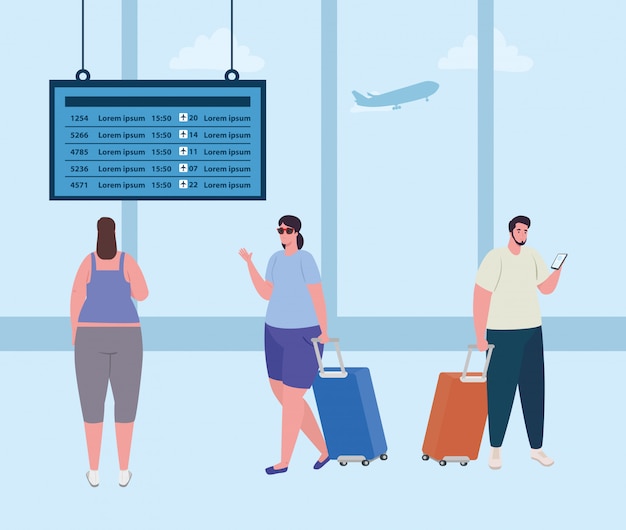 Vector banner with people in the airport terminal, passenger at airport terminal with baggages vector illustration design