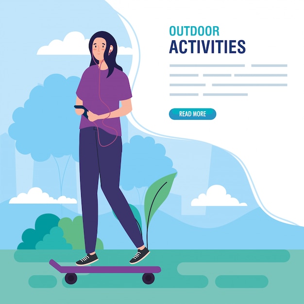 Banner, woman performing leisure outdoor activities, young woman in skateboard