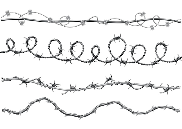 Barbed wire set Fencing strong sharply pointed elements twisted around art pattern Industrial barbwires protection concept design Modern metallic sharp elements for area protection