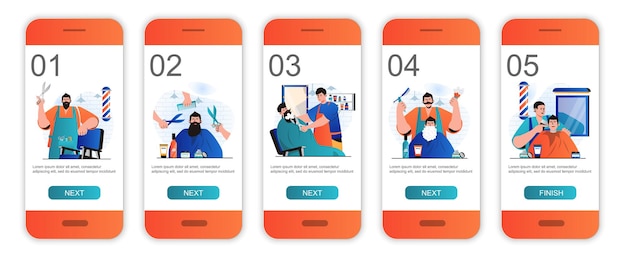 Barbershop concept onboarding screens for mobile app templates Hairdresser shaves and cares