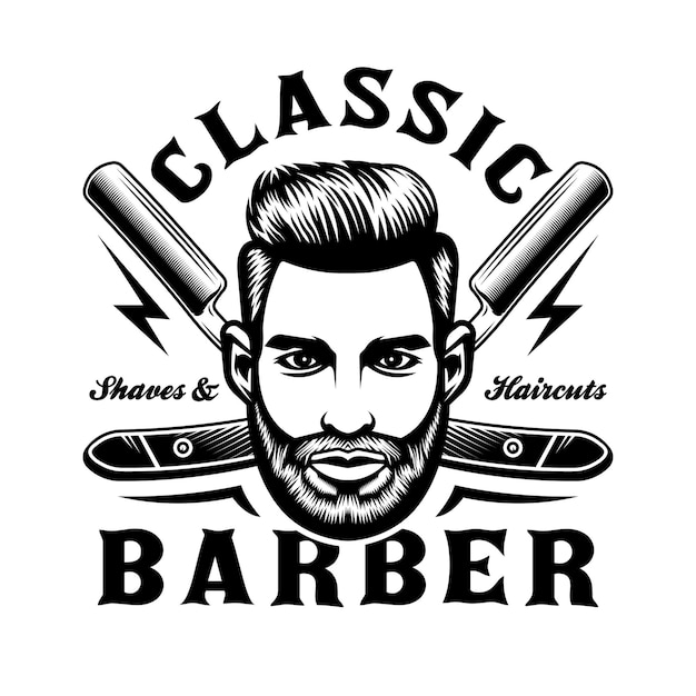 barbershop emblem with man face and razor blades