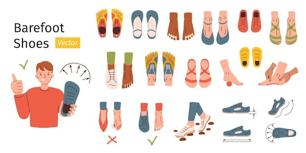 Vector barefoot shoes collection man showing anatomic footwear doodle icons of sandals boots and sneakers