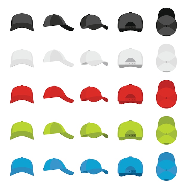 Baseball cap views icons set