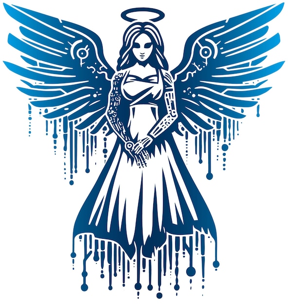 Basic vector stencil drawing of a fullbody techno angel girl with wings against a white backdrop