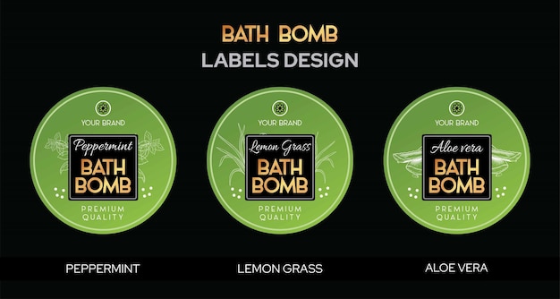 Vector bath bomb labels design peppermint bath bomb lemon grass aloe vera bath bomb labels