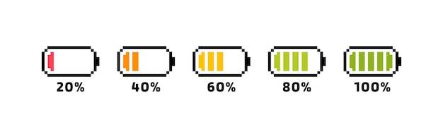 Battery charging process Different Battery charge level Set of pixel battery charge level indicators Pixel art 8bit Vector Illustration