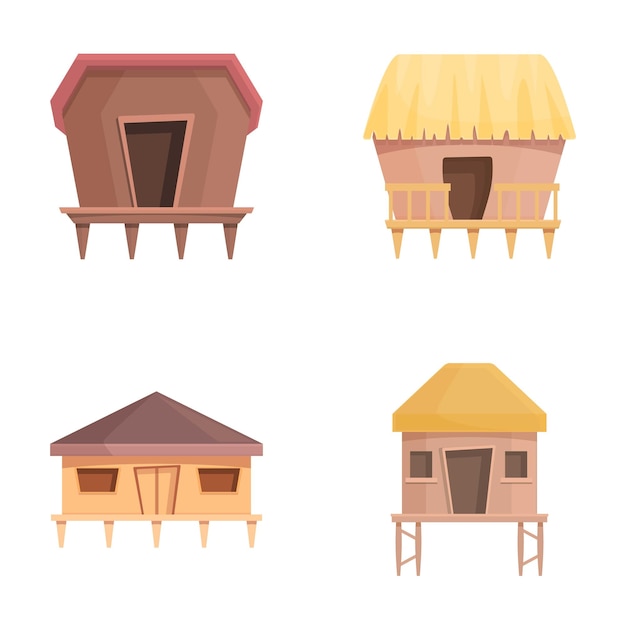 Vector beach house icons set cartoon vector wooden bungalow or island resort house