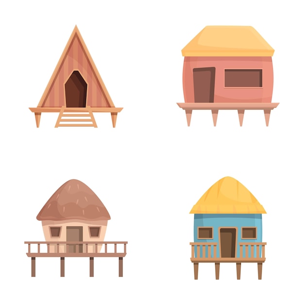 Vector beach hut icons set cartoon vector wooden bungalow or island resort house