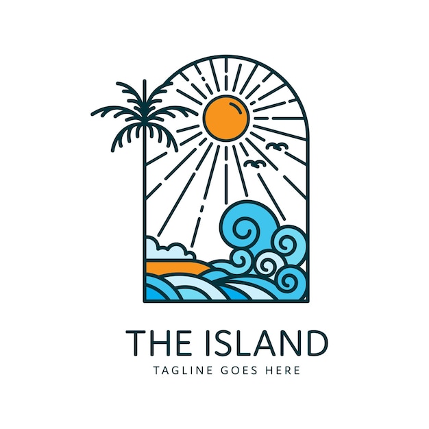 beach logo on tropical island with palm trees and ocean waves