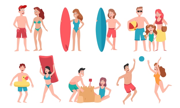 Beach people. Family holiday vacation, sunbathing on beach and happy friends summer fun cartoon   illustration