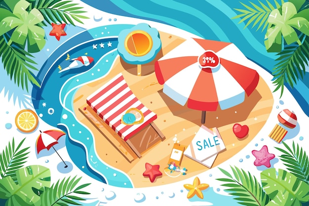 Vector a beach scene with a beach chair umbrella and beach toys