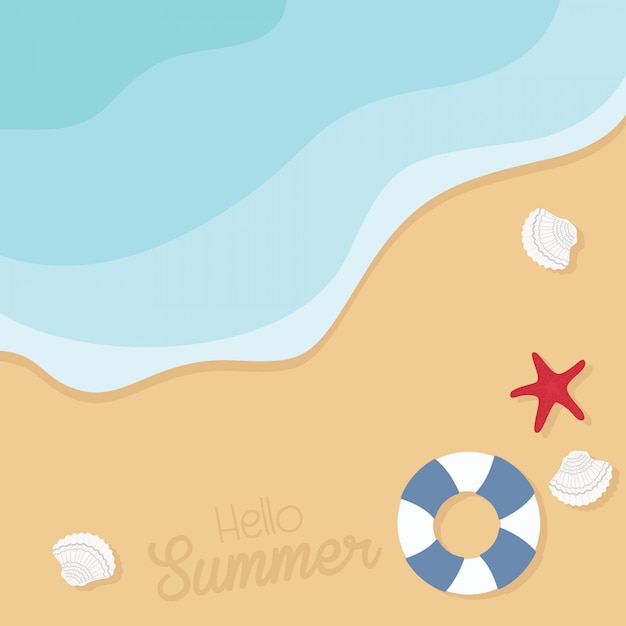 Beach with shells, starfishes and life buoy illustration