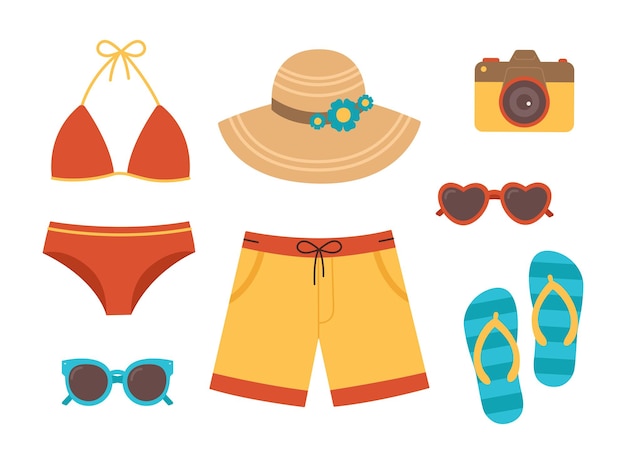 Vector beachwear and accessories set summer clothing collection for vacation