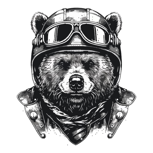 A bear wearing a helmet and glasses with the word bear on it.