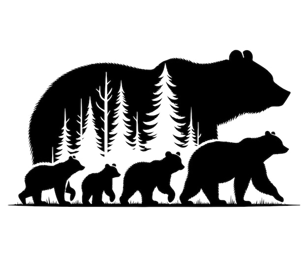 Bear wild animal family silhouettes on the white background Grizzly bear polar bear California bear