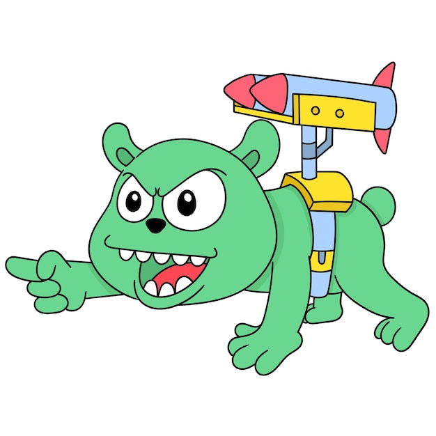 The bear with an angry face has a missile on its back ready to attack, character cute doodle draw. vector illustration